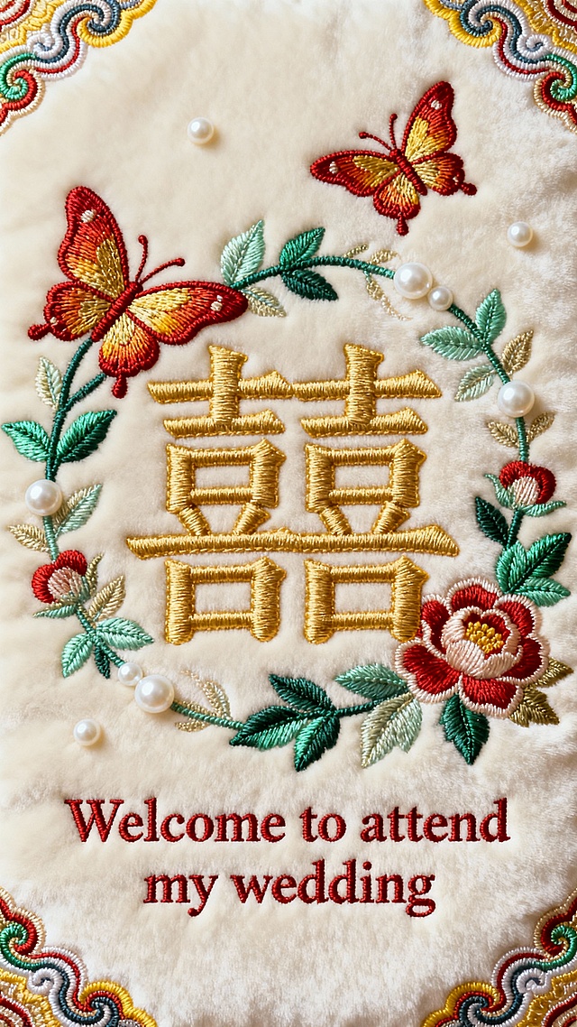 一幅充满生机的中式传统刺绣作品，以米白色柔软绒面为底，运用精湛的双面绣工艺。色彩选用明快的朱砂红、灿烂的金黄色与清亮的翡翠绿为主调，点缀少量珍珠白。画面中央是饱满圆润的"囍"字，采用立体盘金绣技法。四周环绕着展翅的彩蝶与盛开的芙蓉，蝶翼采用渐变金红丝线，花叶以翡翠绿丝线呈现深浅变化。画面中巧妙融入中英文祝词"Welcome to attend my wedding"，选用优雅的罗马衬线体。边角装饰