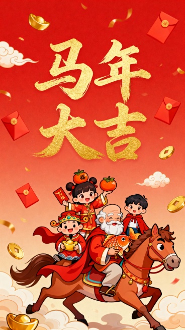 一款国潮卡通风格的设计。画面底部是一匹造型夸张的马，充满画面底部。它与多个喜庆卡通人物骑在马的身上，其中有手持红包的财神装扮角色、头顶福字柿子的女孩、怀抱锦鲤的老者以及身着红披风的孩童。背景是渐变正红预览效果