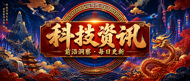 在原公众号封面图基础上，在标题'科技资讯'下方添加一个副标题文字'前沿洞察·每日更新'，副标题字体保持国潮风格，字号适中，配色协调，不影响整体构图和国潮科技感，图片尺寸不变