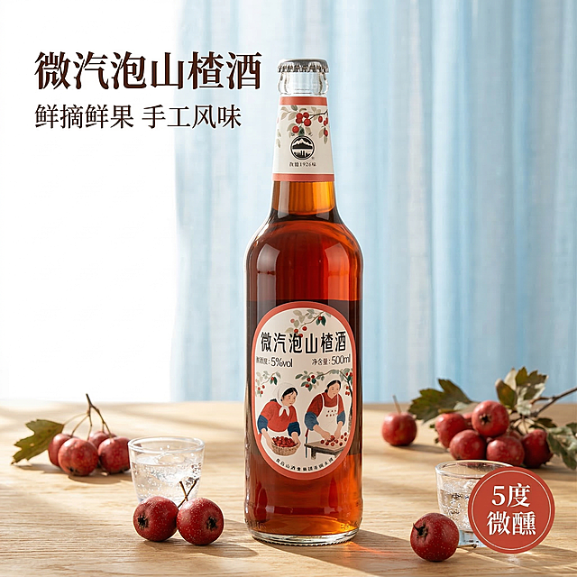 [垫图] https://gdesign-dam-hz.dancf.com/35838089940161615/efd4cccbc45f48bc8dc1f54c23af8009.jpg
[主图主题] 微汽泡山楂酒电商首图
[氛围/风格] 国风复古，清新自然，温馨惬意场景感
[画面元素] 微汽泡山楂酒玻璃瓶居中放置，周围散落新鲜红山楂，背景为浅原木桌面搭配浅蓝色柔纱窗帘，柔和午后自然光从左侧照射进来，在桌面投下自然光斑，产品主体占比60%，背景全屏无边框，整体画面干净通透。
[配色色系] 主色调：琥珀红（酒液）；辅助色：浅原木色、米白色，清新浅蓝
[视角构图] 正面平视，景深适中，突出产品主体
[文字版式] 主标题 "微汽泡山楂酒"，副标题 "鲜摘鲜果 手工风味"，左上角留白悬浮排版；右下角红底白字圆角标签 "5度微醺"，字体为复古宋体，主标题字号是副标题两倍，粗细对比鲜明，文字不遮挡产品主体，整体构图平衡舒适。