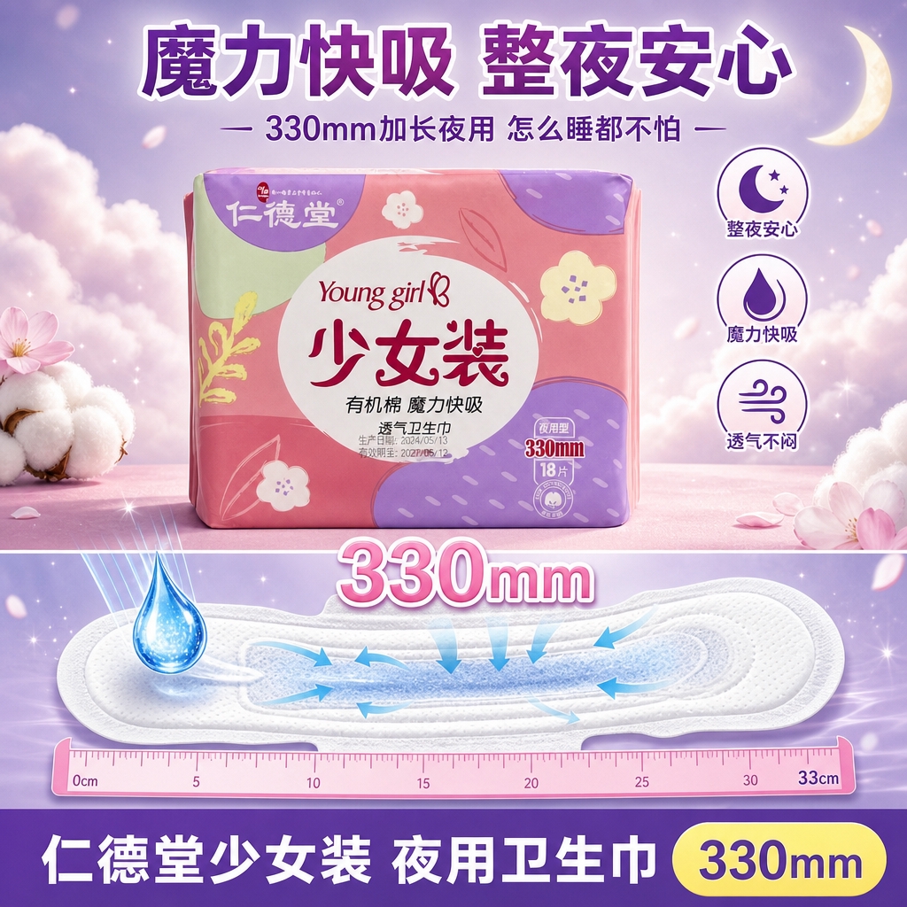 [主图-3 魔力快吸330mm卖点图] 仁德堂少女装有机棉卫生… - 图片创意预览