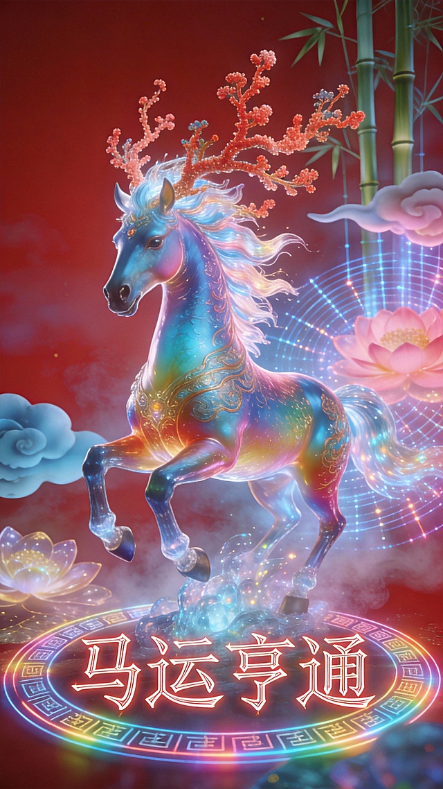 梦幻感与国潮风交融，3D质感神马踏云而行，霓虹光晕环绕，粒子流动如星河，竹影莲花映衬，鎏金纹饰点缀，呈现未来中式美学的唯美元素。