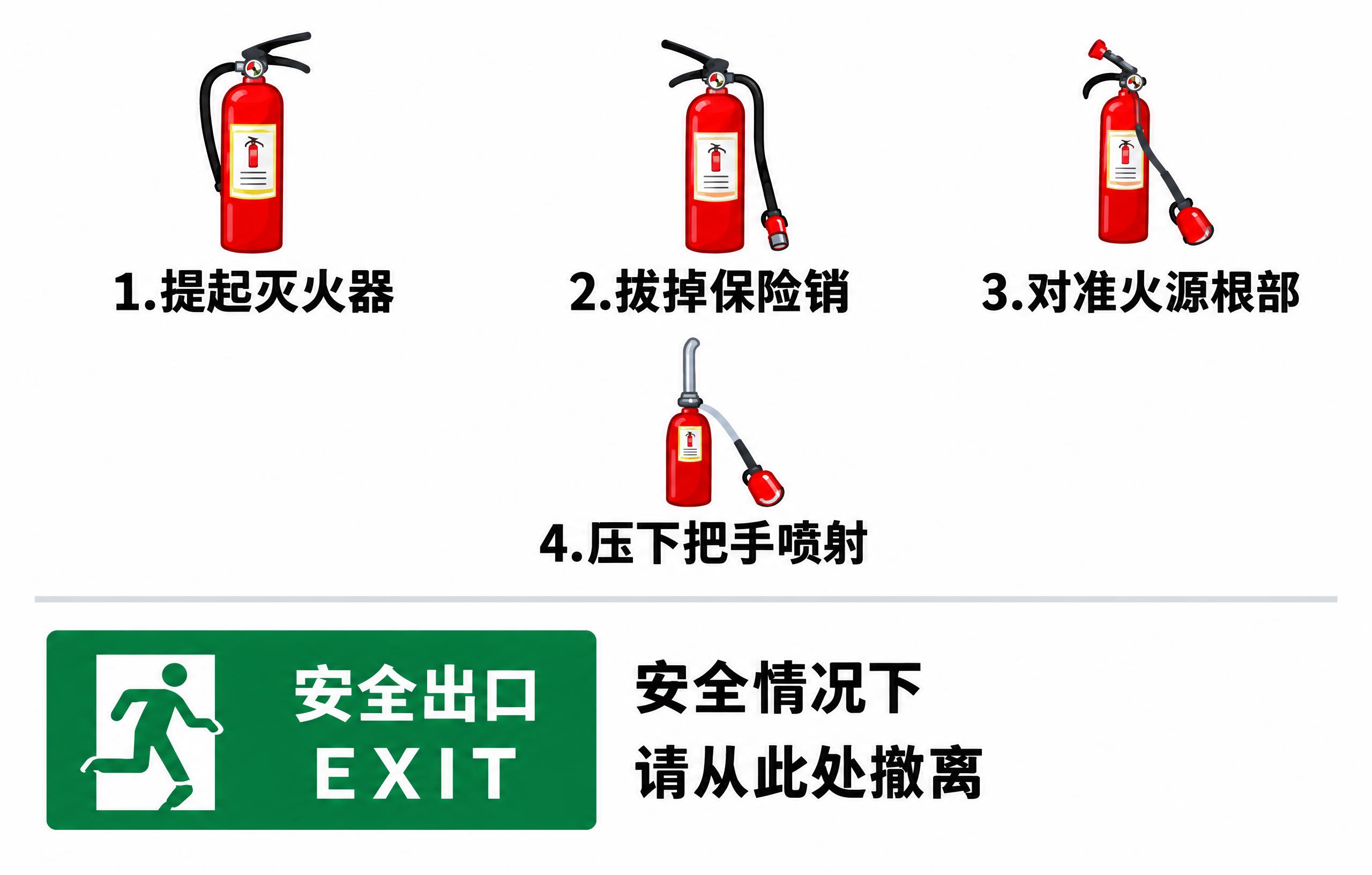 将图片背景替换为纯白色，保持灭火器使用步骤图示、安全出口标识和… - 图片创意预览