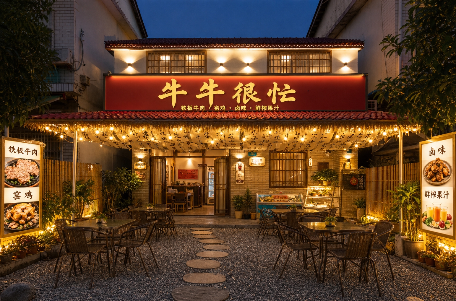 参考左图新中式国风露营风的设计风格，给中间这张两层民房店铺做店… - 图片创意预览