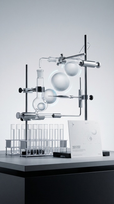 5张，主体为高级医学器皿，包含半透明渐变白色表面细密微孔的分子结构微球、器皿下方有透明的医用试管，右侧放置白色卡片；背景为纯净的浅灰渐变，底部是深灰与黑色的分层台面；光线为柔和冷调光，通过明暗对比突出预览效果