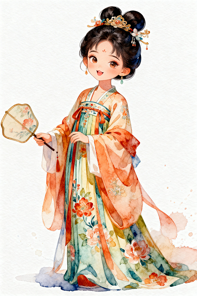 Q版卡通写实风格仕女图，穿着襦裙，人物形象可爱，人物主题部分写实，发髻装饰精致，裙子花纹艳丽清晰，手持图扇，表情妩媚俏皮，水彩暖色系晕染，纯白背景