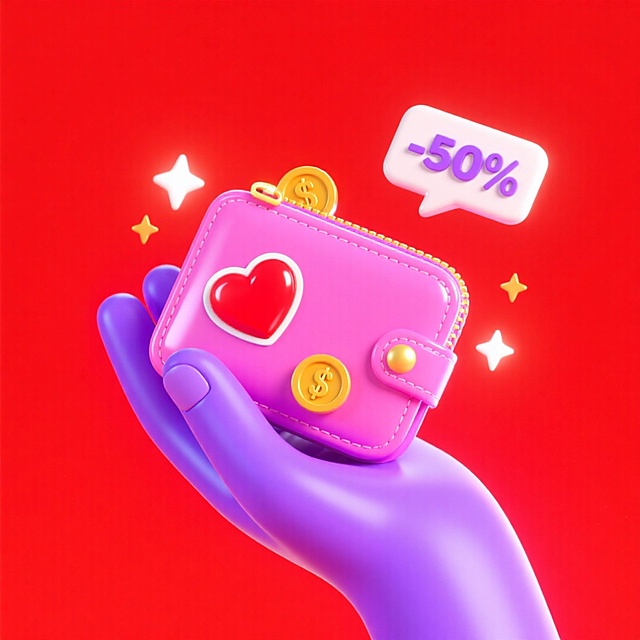 画面中心是一只紫色的手托举着一个大大的粉红色的钱包，钱包上有冒出一个对话框，里面写着“-50%”，钱包上粘有一些红色爱心和金币的贴纸。四周围绕着几个星星，红色背景。