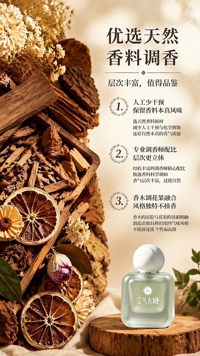 [第1屏] 优选天然香料卖点详情页，风格参考用户提供的复古干花自然风。本屏使用【原图1】绿色空气方糖香水瓶作为商品主体，参考【图2】版式和暖棕干花自然风格。
[氛围/风格] 暖棕复古自然风，木质干花场景，暖光氛围感，高级商业摄影质感，肌理清晰。
[元素布局] 左侧大区域展示天然香料木块、干花橙片等原料，右侧排布卖点文字，绿色香水瓶置于右下角木质底座上，产品外观、颜色和文字与原图保持一致。左侧香料纹理清晰，整体构图左图右文，层次感丰富。
[光影质感] 暖金色侧光，阳光透过光影斑驳，干花木材纹理清晰，整体温暖通透，瓶身雾面质感突出。
[配色色系] 全局底色 #F9EBD7；主色为暖棕木色+干草花黄色；辅助色保留产品本身绿色瓶身，深棕色文字。
[视角构图] 竖版9:16，左侧自然场景特写，右侧文字排版，阅读动线从上到下，自然流畅。
[文字版式] 顶部大标题「优选天然香料调香」，副标题「层次丰富，值得品鉴」，分三点编号展示卖点：1.人工少干预 保留香料本真风味；2.专业调香师配比 层次更立体；3.香木调花果融合 风格独特不撞香。文字层级清晰，大标题加粗醒目，正文清晰易读，不遮挡产品主体。
[比例分辨率] 9:16竖版比例，4K分辨率，文字清晰可辨，高清画质。
[负向提示词] 产品变形，缺件错件，颜色偏差，包装文字错乱，文字过小，水印，背景杂乱
