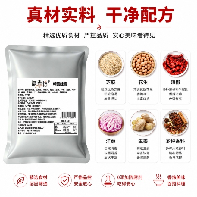[主图-7] 鼎香坊精品辣酱配料表透明解析；
[氛围风格] 干净透明，安全可信；
[画质] 清晰信息展示，文字可读，排版简洁；
[元素] 左侧展示完整包装上的配料表区域，右侧提取核心配料做成图形化卡片预览效果