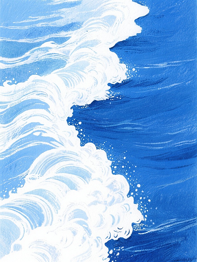 手绘风格的海浪特写，画面左侧是翻涌的白色浪花，右侧是深邃的蓝色海水，浪花与海水的交界处清晰自然，整体色调以蓝白为主，笔触富有手绘质感，线条流畅且带有自然的纹理变化，营造出一种动态的海洋氛围，构图采用竖版，海浪从左上角向右下角延伸，展现出海浪的自然流动感。