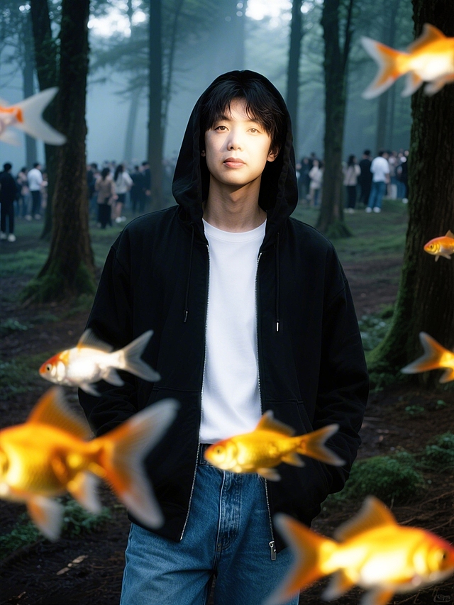 梦幻朦胧的虚拟森林中，金鱼悬浮于空气，光影交错，超现实主义与粒子风交织，营造出虚实交融的奇幻氛围。