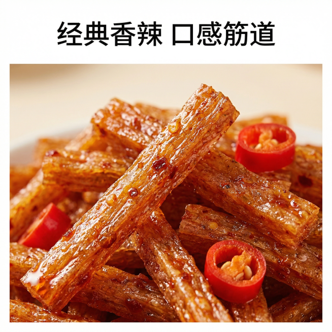 [主图 3] 卫龙小面筋产品细节第三张
[氛围/风格] 微距特写，食欲感突出
[画面元素] 使用用户提供的盘中实物图，聚焦放大展示小面筋香辣油润的质感，清晰呈现纹理细节和红辣椒点缀，保留产品真实色泽，预览效果