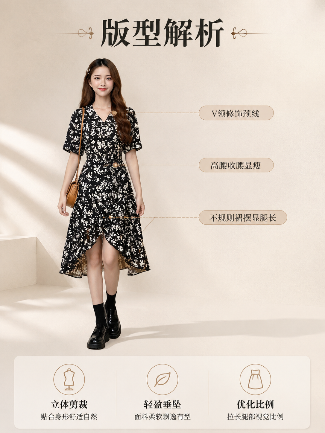 [商品] 使用【图1】黑色碎花V领短袖连衣裙；商品处理：保留V… - 图片创意预览