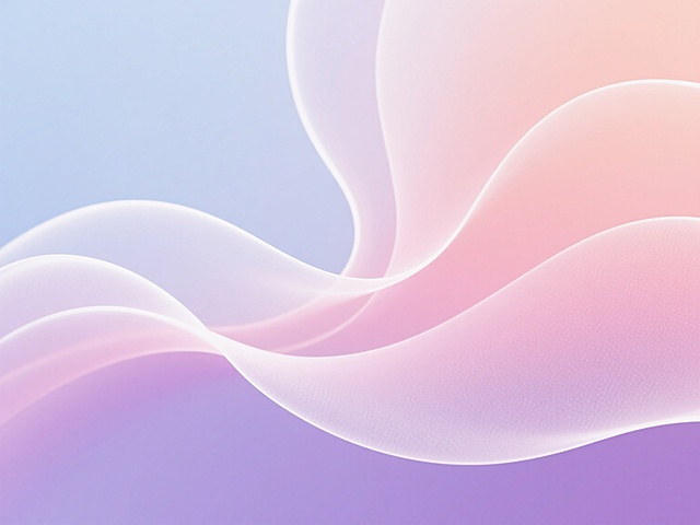 一幅柔和渐变背景的抽象装饰画，采用类似原图的数字艺术平滑过渡风格，整体保持宁静、空灵、简约的氛围。画面主体由流动感的曲线构成，线条纤细、轻盈，具有柔和的白色高光边缘。色彩方面，将原图的浅蓝色调改为以温暖的粉紫色系为主，从底部的淡薰衣草紫渐变为中部的柔和玫瑰粉，再过渡到顶部的淡雅蜜桃色，形成和谐统一的暖色调渐变背景。曲线纹理在保持原有飘逸感的基础上，增加了轻微的磨砂质感，使线条在柔和的渐变背景中呈现出细腻的层次感，整体画面给人以温暖、柔和、宁静而又不失优雅的视觉感受。
