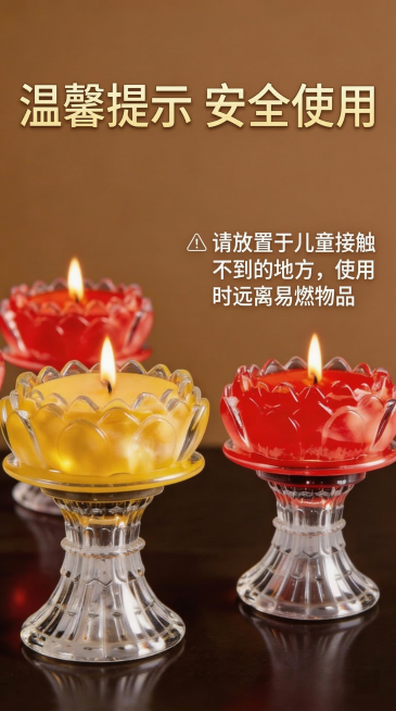 高脚莲花酥油灯电商详情页最后补充页，保留原图产品形态，大字标题"温馨提示 安全使用"，文案说明"请放置于儿童接触不到的地方，使用时远离易燃物品"，暖棕9:16背景，排版清晰，不涉及封建迷信，适合日常氛预览效果