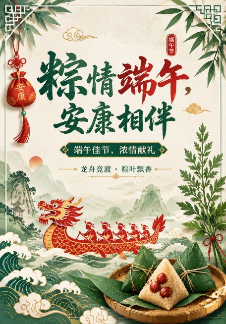 传统中国风端午节海报，包含龙舟、粽子、艾草、香囊传统端午元素，风格为水墨剪纸结合的传统中国风设计，主色调为绿色、红色、黄色，点缀金色和白色，整体营造浓郁端午节日氛围。版式精美，主次分明，包含主标题“粽预览效果