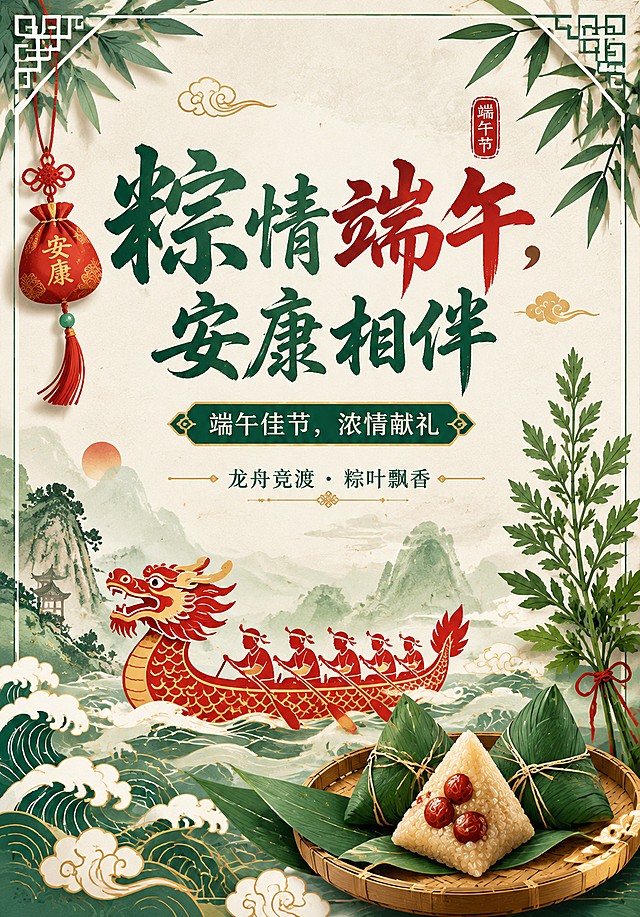 传统中国风端午节海报，包含龙舟、粽子、艾草、香囊传统端午元素，风格为水墨剪纸结合的传统中国风设计，主色调为绿色、红色、黄色，点缀金色和白色，整体营造浓郁端午节日氛围。版式精美，主次分明，包含主标题“粽情端午，安康相伴”，副标题“端午佳节，浓情献礼”，装饰文字“龙舟竞渡 · 粽叶飘香”，文字清晰，排版合理，四周留足安全边距。