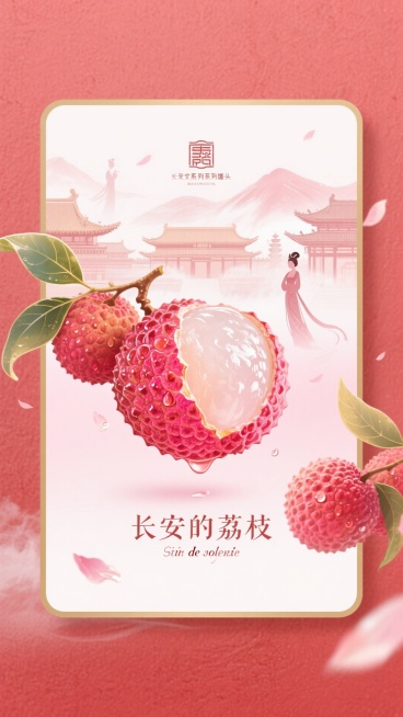 岩彩画，古风，立体层次感，国风插画，传统色彩。干净的红色纹理背景，画面中间被一个巨大的荔枝占满，荔枝被撕开一个小口，里面的果肉饱满，有汁水附着在果肉上，背景是繁华的古代长安城，晕开的笔墨触感，画面大面预览效果