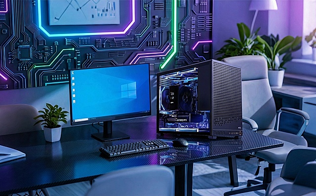 将场景改为科技感电竞房，墙面添加赛博风格灯光装饰，调整桌面为深色电竞桌，增强主机灯光与环境的融合感，提升画面真实度