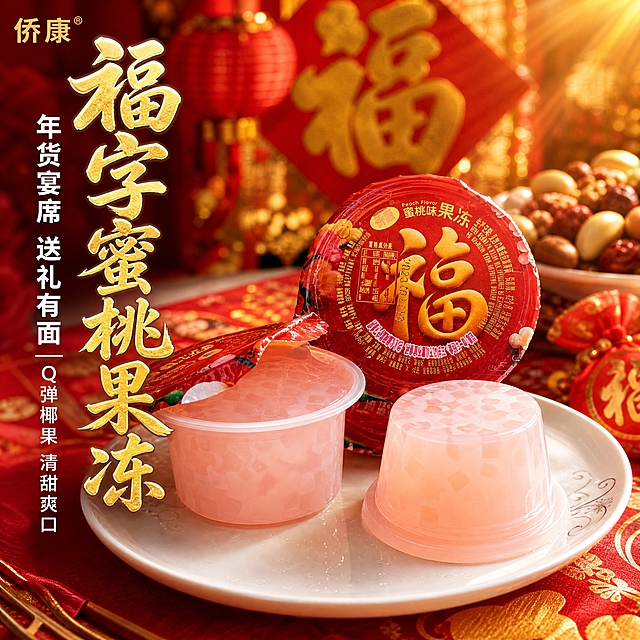 [主图-1] 主题：喜庆福字蜜桃果冻 年货送礼首选。唯一任务：首图点击率，突出喜庆福字包装与诱人果冻质感，营造年货宴席氛围感。
[统一基调] 抖音食品电商风格，红金喜庆年货风，自然暖阳逆光突出食欲感，主色调中国红+金色+蜜桃粉，标题用粗厚书法体金色字，辅助文案用清爽黑体白色字，整体高清实拍质感，强视觉冲击。
[画面] 画面中央偏右放置3杯侨康蜜桃味果冻，其中1杯完整展示红色福字包装顶面（金色大福字清晰可见），1杯撕开半膜露出粉嫩Q弹果冻本体，1杯倒扣在白瓷盘上展示完整果冻圆柱形态，果冻表面有晶莹椰果颗粒纹理。背景为温馨中式年货餐桌场景，隐约可见红色灯笼、金色福字装饰、干果盘与喜庆桌布，营造节日聚会宴席摆盘氛围。左上角放品牌Logo「侨康」金色小字。主体占画面65%左右，产品完整不切割。
[光影质感] 自然暖阳逆光从右上方打下来，果冻表面有通透光泽和高光反光，红色包装有金色烫金质感，果冻呈现Q弹水润半透明质地，底部有柔和接触阴影，整体商业食品摄影质感。
[配色] 背景主色中国红渐变+暖金色光晕，产品色蜜桃粉+正红+金色，标题字金色描白边，辅助字白色，强调色金色。
[文字版式] 左侧竖排区域放主标题，主标题「福字蜜桃果冻」大号金色粗书法体，下方副标题「年货宴席 送礼有面」白色中号黑体，再下方「Q弹椰果 清甜爽口」小号白色字。文字放在左侧负空间，不遮挡产品主体。
[输出要求] 1:1正方形比例，2K高清，文字清晰锐利，产品细节清晰，果冻质感真实诱人。禁止变形、错字、模糊、杂乱背景、水印、平台Logo、低俗元素、绝对化用语。