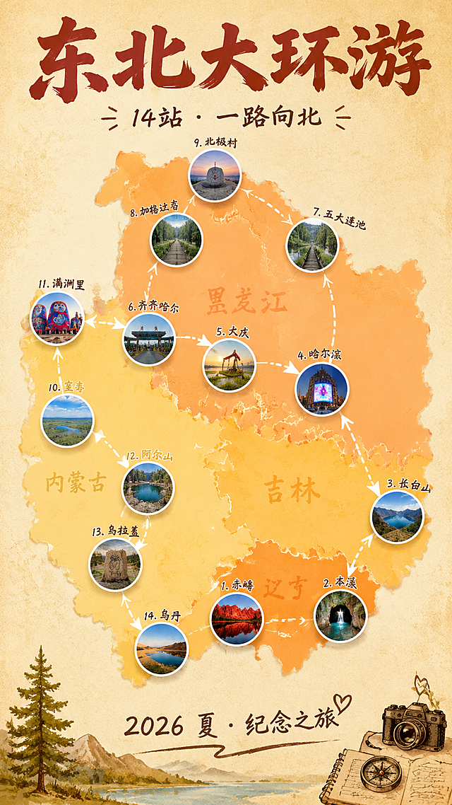 东北大环游路线纪念海报，竖版9:16，旅行手账风格，暖色调米黄色纸张纹理背景。画面主体是大幅抽象东北区域色块地图，东三省（黑龙江、吉林、辽宁）占画面约70%面积在右侧和上方，内蒙古东部占约30%在左侧和下方。地图用暖橙色、浅米色、淡金色等温暖色块区分省份，极简抽象风格。

地图上按真实地理位置标记14个站点，每个站点是一个圆形小照片图标（直径约画面宽度的1/10），圆形图标有白色边框和轻微阴影，像贴在地图上的旅行照片。站点旁标注地名文字（深棕色手写体）。

14个站点按顺时针环游路线用白色虚线+小箭头串联，虚线有手绘质感：
1. 赤峰（辽宁西部）- 红山红色山峰倒影照片图标
2. 本溪（辽宁东部）- 水洞洞口照片图标
3. 长白山（吉林东南）- 天池火山口湖照片图标
4. 哈尔滨（黑龙江南部中心）- 城市大屏照片图标
5. 大庆（哈尔滨西北）- 抽油机湿地插画图标
6. 齐齐哈尔（黑龙江西部）- 收费站照片图标
7. 五大连池（黑龙江北部偏东）- 火山森林步道照片图标
8. 加格达奇（黑龙江最北部）- 森林步道照片图标
9. 北极村（黑龙江最北端顶部）- 漠河罗盘雕塑照片图标
10. 室韦（内蒙古东北角）- 草原河流照片图标
11. 满洲里（内蒙古北部偏西）- 套娃广场照片图标
12. 阿尔山（内蒙古东部）- 石塘林湖泊照片图标
13. 乌拉盖（内蒙古中东部）- 狼图腾石刻照片图标
14. 乌丹（内蒙古东南部）- 沙漠湖泊照片图标

地图上方是大标题"东北大环游"，暖红色艺术字体，醒目有力。标题下方小字"14站 · 一路向北"。底部装饰"2026 夏 · 纪念之旅"手写体。整体温暖怀旧，像旅行纪念册封面，版式精美留白舒适。所有圆形照片图标内容清晰可辨，是真实风景照片质感。画面中所有信息区域填充完整合理内容，无空白框。