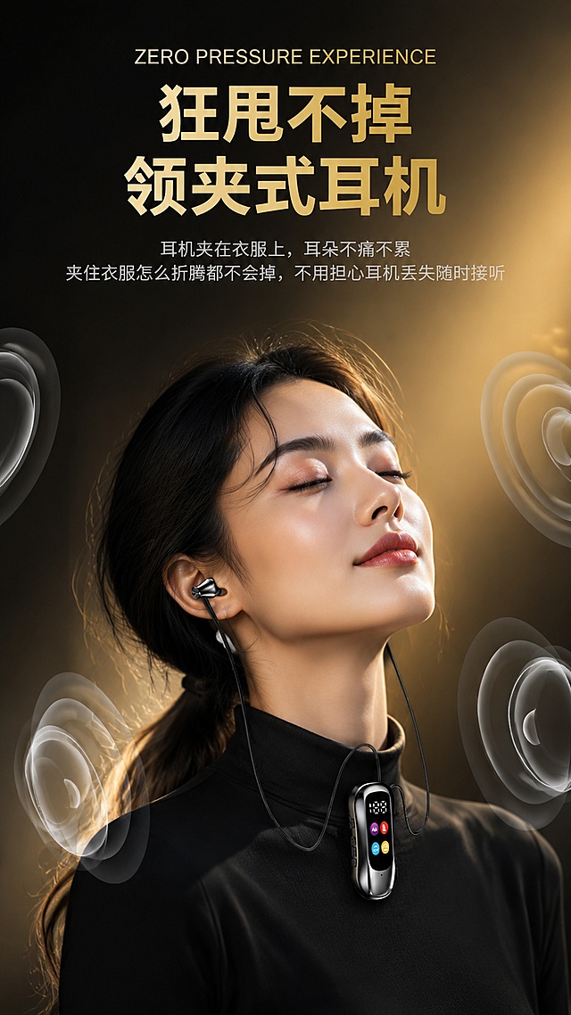 [第1屏] 详情页头图-领夹式蓝牙耳机主视觉海报。本屏使用【图1】作为商品主体，参考【图2】的黑金轻奢科技风格与版式结构，更换模特为亚洲女性面孔。
[氛围/风格] 黑金轻奢科技风，背景明亮通透，商业摄影质感，高级光影氛围，科技感声波元素点缀。
[元素布局] 画面中下部为亚洲女性模特半身像，模特闭眼仰头呈享受状态，佩戴领夹式蓝牙耳机，耳机夹在衣领上，耳塞入耳，产品物理结构、比例轮廓、关键部件、材质质感、颜色色号与输入产品图完全一致；模特身穿深色高领上衣；背景为深黑渐变至金色光晕，明亮通透，四周环绕半透明声波圆环装饰；顶部留标题区，产品主体占比约45%-55%。
[光影质感] 右上方主光柔和打亮模特面部与产品，左侧辅光补充暗部细节，产品金属表面有清晰高光反射，整体明暗层次丰富，商业影棚质感。
[配色色系] 全局底色 #1A1A1A 深黑渐变至 #D4AF37 金色光晕；主色黑金；辅助色白色文字、透明声波元素。
[视角构图] 正面微仰视，模特与产品为视觉中心，阅读动线顶部标题 → 中部模特产品 → 底部卖点。
[文字版式] 顶部英文小字 "ZERO PRESSURE EXPERIENCE" 金色居中；主标题两行大字居中「狂甩不掉」「领夹式耳机」，金色粗体；副标题两行灰色小字居中「耳机夹在衣服上，耳朵不痛不累」「夹住衣服怎么折腾都不会掉，不用担心耳机丢失随时接听」；文字清晰可读，不遮挡产品主体。
[比例分辨率] 9:16 竖版比例，4K 分辨率，文字清晰可辨，高清画质。
[负向提示词] 产品变形，缺件错件，结构错误，颜色偏差，水印，文字错乱，文字过小，产品图模糊，背景杂乱，模特为欧美面孔。