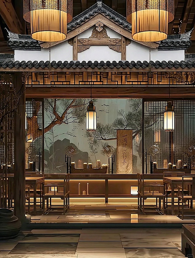 增加两侧桌椅摆放，符合徽派风格，图片顶部添加徽派建筑屋檐元素，整个图片画面和谐