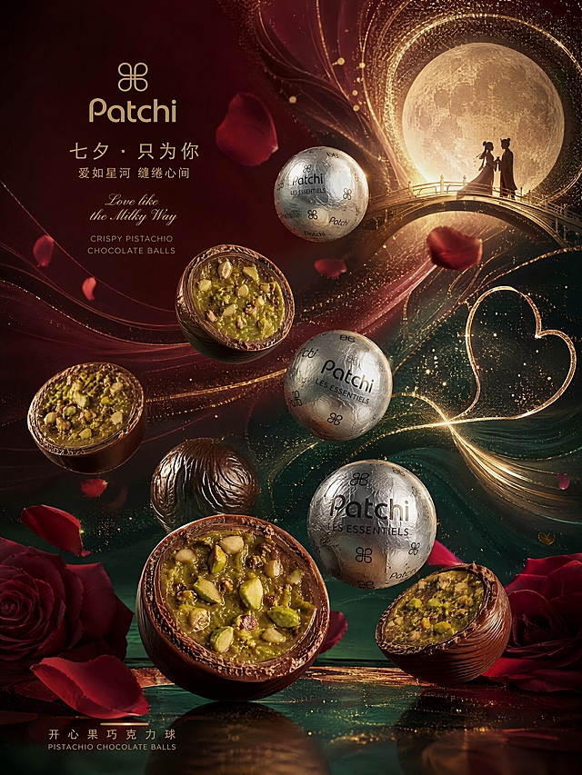 七夕节高端巧克力宣传海报，画面中展示多款Patchi开心果巧克力球，以多个精美角度错落悬浮摆放，有完整的银色锡纸包装巧克力球，也有切开的半颗巧克力展示内部丰富的开心果颗粒与绵密夹心，巧克力切面细节丰富，开心果颗粒清晰可见，巧克力为绝对视觉焦点，质感细腻精致，光泽诱人。背景为抽象艺术构图，充满七夕浪漫氛围感，融入银河星轨、鹊桥、月光、玫瑰花瓣、爱心等七夕元素的抽象艺术化表达，深酒红与墨绿渐变背景。整体风格为顶级奢侈品广告品牌摄影，奢华、精致、简约、高端，艺术感十足。Octane渲染级画质，丰富的肌理质感，大师级配色（深酒红、墨绿与金色为主调），大师级构图排版，极具视觉冲击力，获奖作品级别，超高清4K画质，高细节，高级感，诗意浪漫，完美光影层次，布局协调统一。暖金色侧光勾勒产品轮廓，营造奢华七夕浪漫氛围。