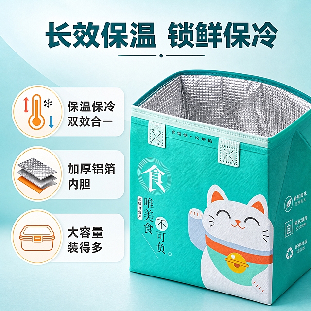 [主图-2] 核心卖点图，突出保温保冷效果与加厚铝箔内胆的核心优势。
[统一基调] 整体风格为洁净实用的餐饮外卖风，背景主色为浅蓝绿色渐变，标题字色为深青色，辅助字色为深灰色，强调色为暖橙色；字体为无衬线粗体，字号层级分明，卡片样式为圆角浅底轻阴影，整体明亮通透。
[画面] 画面中央偏右展示一个打开的青色招财猫款保温袋，袋口敞开，清晰展示内部银色铝箔内胆材质。左侧用三个图标+短文案的形式展示核心卖点：1. 上方图标为温度计+冷热箭头，配文"保温保冷 双效合一"；2. 中间图标为铝箔层截面示意图，配文"加厚铝箔内胆"；3. 下方图标为餐盒放入袋中，配文"大容量 装得多"。产品保持原图外观细节，无纺布纹理和铝箔反光质感真实。背景为浅蓝绿色渐变，干净清爽。
[光影质感] 商业摄影质感，主光从正面偏左照射，袋内铝箔有明显金属反光效果，袋子边缘有柔和阴影，突出内胆材质的厚度和质感，整体光线均匀明亮。
[配色] 浅蓝绿色渐变背景，深青色标题文字，深灰色辅助文字，暖橙色图标高亮色，铝箔银色为视觉焦点，整体科技洁净感。
[文字版式] 顶部居中主标题"长效保温 锁鲜保冷"大号粗体深青色；下方三个卖点竖向排列在左侧，每个卖点配圆形图标+短文案，图标用暖橙色填充，文字深灰色；右侧产品主体。信息层级清晰，一图一重点。
[输出要求] 1:1正方形，2048×2048px，内胆材质清晰可见，卖点图标简洁明了，文字清晰；负向：变形、错字、模糊、杂乱、水印、平台Logo、产品悬浮、铝箔材质不真实。