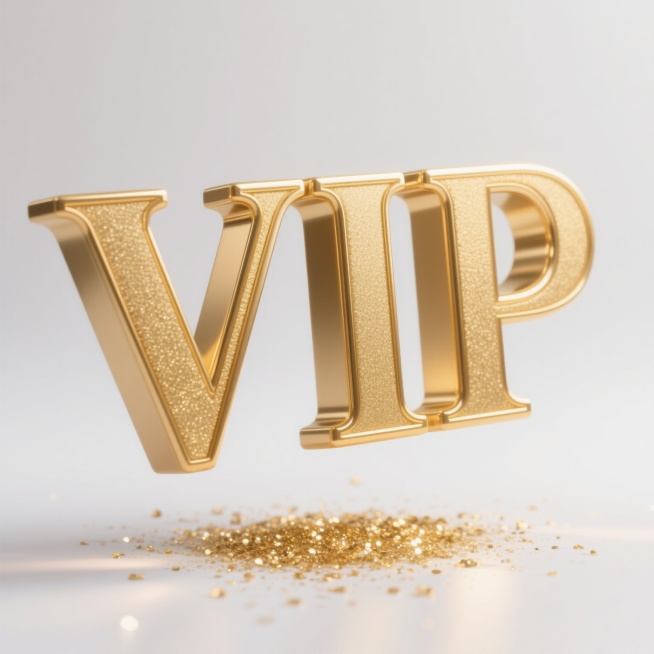 3D立体大写字母"VIP"，采用奢华金色金属材质，表面带有细腻磨砂质感与光泽感对比，字母边缘有精致的金色描边，底部散落着金色闪光颗粒，整体悬浮于纯白色背景之上，光影效果突出立体感与高级质感，营造高端大气、尊贵奢华的视觉氛围，设计简洁有力，视觉焦点明确，信息传达直接高效，符合高端品质的审美定位。预览效果