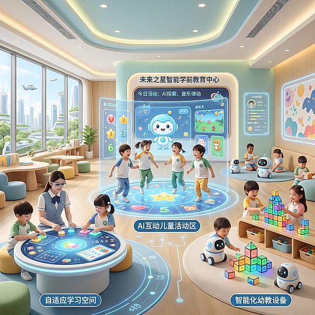 未来学前教育智能工作环境，有智能化幼教设备、AI互动儿童活动区、自适应学习空间，整体科技感、充满童趣和未来感，色调柔和明亮，展示未来幼儿园的智能工作场景