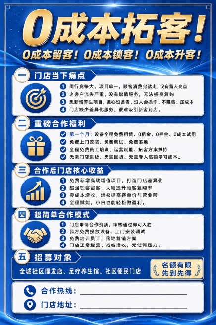 将现有招商海报整体改为蓝色系风格，保持原有文案、版式、内容、比例完全不变，只替换配色为蓝色调，专业清爽的蓝色背景，金色文字保持清晰醒目，整体风格专业高级预览效果