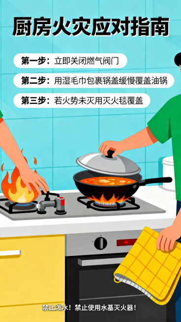 消防知识科普海报，统一扁平化插画风格，主题：厨房火灾应对，包含油锅起火处理要点，简约干净，色块分明，科普宣传向预览效果