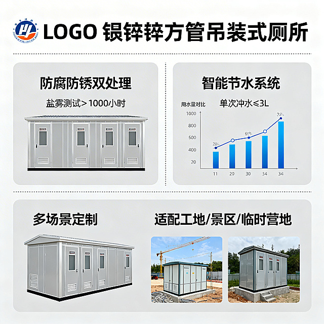 淘宝卖点详情图，镀锌方管吊装式厕所，理性说服风格，分模块展示"防腐防锈双处理""智能节水系统""多场景定制"三大核心利益点，每个模块配数据图表和简洁文字，主色调工业灰，几何无衬线体，保持品牌一致性