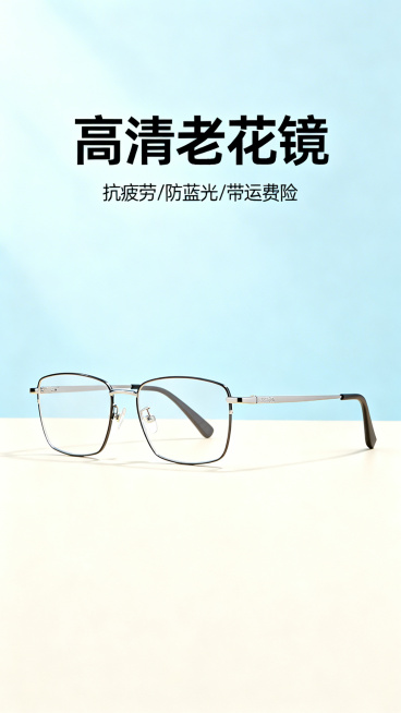 视频号直播背景图，整体浅淡清爽配色，用于售卖防蓝光老花镜，上方是大标题文字"高清老花镜"，下方较小文字标注"抗疲劳/防蓝光/带运费险"，干净简洁的电商直播背景预览效果
