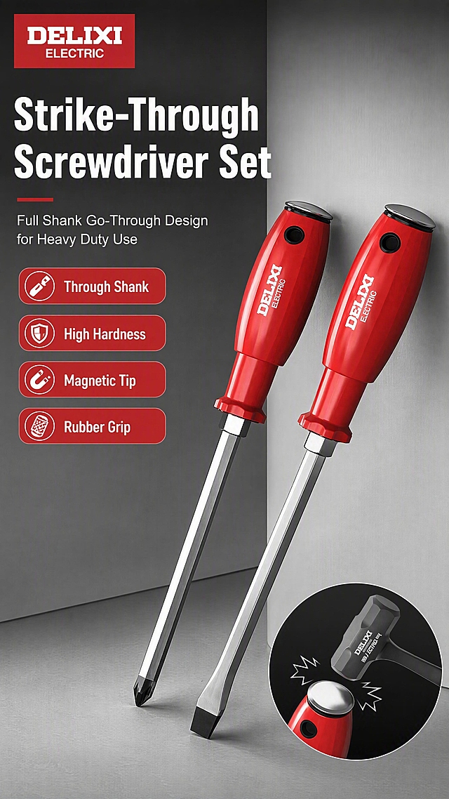 [第1张] Amazon product detail page hero banner — DELIXI Go-Through Screwdriver Set. This image uses [image1] as the product subject, keeping the red rubber handle, silver chrome-vanadium steel shaft, black metal strike cap, and DELIXI ELECTRIC logo exactly consistent with the input product image.

[Atmosphere/Style] Industrial professional style, minimalist Amazon aesthetic, commercial tool photography, high-end hardware product feel.

[Element Layout] Two screwdrivers (one Phillips, one slotted) stand at a 45-degree angle on the right side of the frame, occupying about 60% of the image; the Phillips tip is on the left screwdriver, flat tip on the right; both have red non-slip rubber handles with DELIXI ELECTRIC branding and silver metal caps on top. Left upper area reserved for headline text. Bottom right has a circular inset showing a close-up of a black hammer striking the metal cap of the screwdriver handle with impact spark lines, demonstrating the strike-through feature. Background is a subtle dark gray to light gray gradient with a clean corner wall scene, soft shadow on the ground.

[Lighting] Top-left soft key light with right-side fill light, strong metallic highlights on the steel shaft, soft shadow beneath the screwdrivers, overall bright and clean with professional studio lighting.

[Color Palette] Global background #2A2A2A to #E8E8E8 gradient; main color red (#D32F2F) on handles; accent silver/metallic gray on steel; text in white and dark gray.

[Composition] Vertical portrait, product slightly right-aligned, reading flow: top-left headline → right product → bottom-right feature inset.

[Text Layout] All text in English, no Chinese characters. Top-left headline area: main title "Strike-Through Screwdriver Set" in bold white sans-serif, subtitle "Full Shank Go-Through Design for Heavy Duty Use" in lighter white below. Four small feature tags below the subtitle in red rounded rectangles with white text: "Through Shank", "High Hardness", "Magnetic Tip", "Rubber Grip". Brand logo "DELIXI ELECTRIC" in top-left corner. All text clear and readable, not overlapping the main product body.

[Negative Prompt] deformed product, distorted handle shape, wrong colors, Chinese characters, blurry text, watermark, messy background, missing parts, wrong tip shape