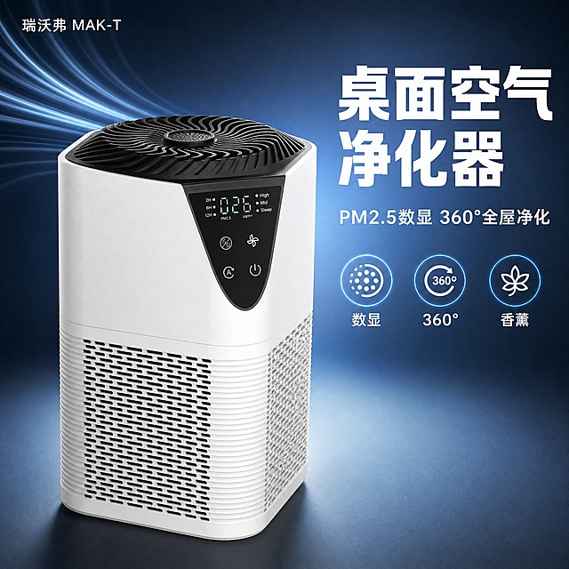 [主图-1] 商品识别与核心利益，展示瑞沃弗MAK-T桌面净化器完整外观与核心净化能力。
[统一基调] 抖音风格，科技感冷灰蓝主色调，白色产品主体，深灰到浅蓝渐变背景，主标题白色粗体大字，辅助文字浅灰色，强调色用科技蓝，字体为现代无衬线粗体，圆角卡片与图标样式统一，整体高清实拍质感、强视觉冲击。
[画面] 产品位于画面中央偏左，占画面约60%，30°斜侧视角，完整展示白色方形柱体机身、黑色螺旋顶部风口、正面黑色触控显示屏（显示PM2.5数字026）、下部360°进风格栅。产品底部有柔和接触阴影，不悬浮。背景为深灰到科技蓝的径向渐变，左上角有淡淡的空气流动光效线条，暗示净化循环。画面右侧上方有大号主标题，下方有3个小图标+短词横向排列，分别代表PM2.5监测、360°吸风、香薰功能。左上角放置品牌型号小字"瑞沃弗 MAK-T"。
[光影质感] 商业摄影棚拍质感，主光从左上方45°打下，产品左侧高光明显，右侧有柔和阴影，机身白色塑料材质细腻有微光泽，顶部黑色螺旋风口有哑光质感，屏幕数字清晰发光。
[配色] 背景深灰渐变科技蓝，产品白+黑，主标题白色，辅助文字浅灰，图标和强调元素科技蓝。
[文字版式] 主标题"桌面空气净化器"白色粗体大字，位于画面右上；副标题"PM2.5数显 360°全屋净化"稍小白色字在主标题下方；三个卖点图标横向排列在副标题下方，每个图标配2字短词："数显" "360°" "香薰"。左上角品牌名"瑞沃弗 MAK-T"小号白色字。所有文字不遮挡产品主体。
[输出要求] 1:1正方形比例，2K高清，产品清晰不变形，文字清晰可读，无水印无平台logo，无多余杂物，画面干净有冲击力。禁止产品变形、错字、模糊、杂乱背景。