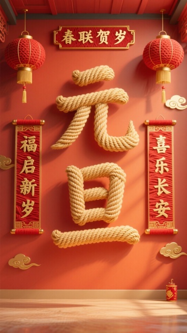 风格调性：毛线装饰艺术融合春联迎春传统，突出毛线编织的细腻纹理与温暖质感，兼具传统年味与雅致质感；画面整体配色 / 色调：背景为暖橙红渐变主色，金色（毛线 “元旦” 字 / 春联边框）、红色（毛线灯笼预览效果