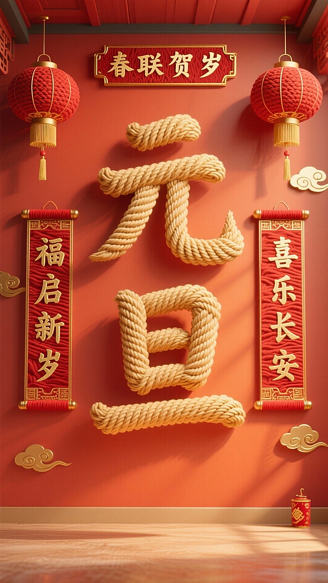 3D绳艺浮雕字“元旦”，融合中式红金配色与重拟物风格，搭配灯笼春联，营造喜庆祥和的节日氛围。