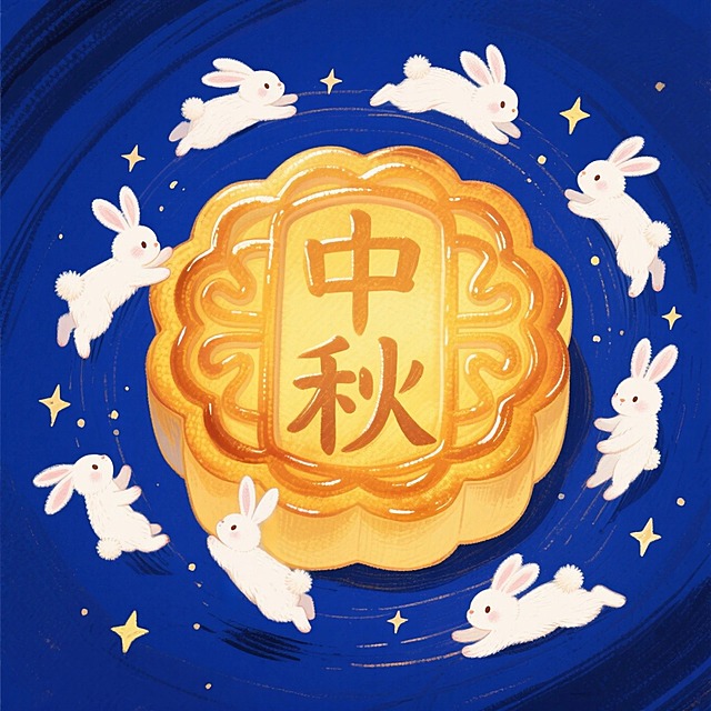以巨大金黄色月饼为中心焦点，有多只可爱迷你白兔（攀爬、跳跃、奔跑）环绕，月饼有光影渐变和油润质感，中间写文案“中秋”，白兔体态轻盈有毛绒感，深蓝色背景点缀星星，采用中心聚焦式动态构图，突显梦幻童话浪漫氛围