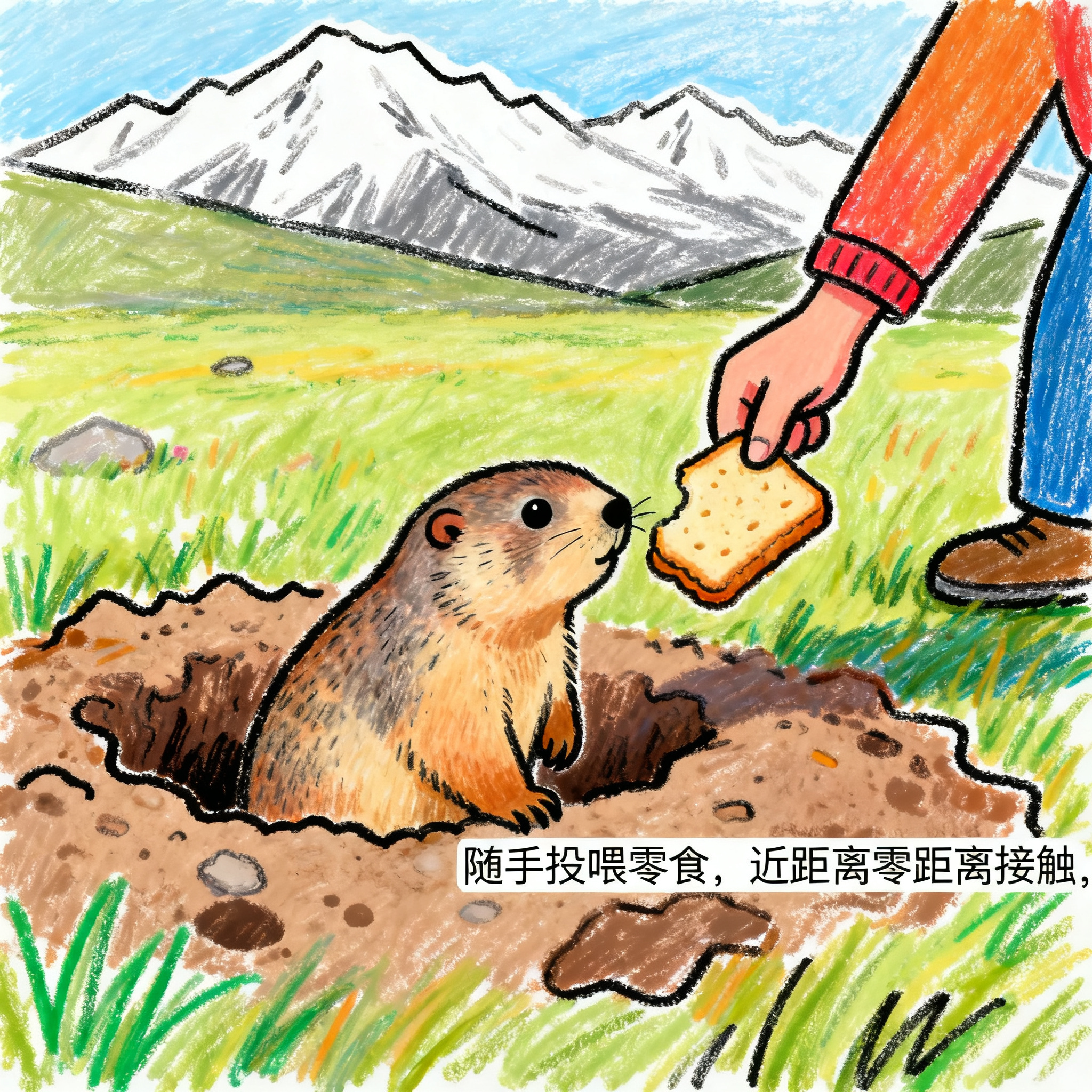 软萌卡通风格，草原场景，远处雪山，另一位游客拿出面包、饼干，放… - 图片创意预览
