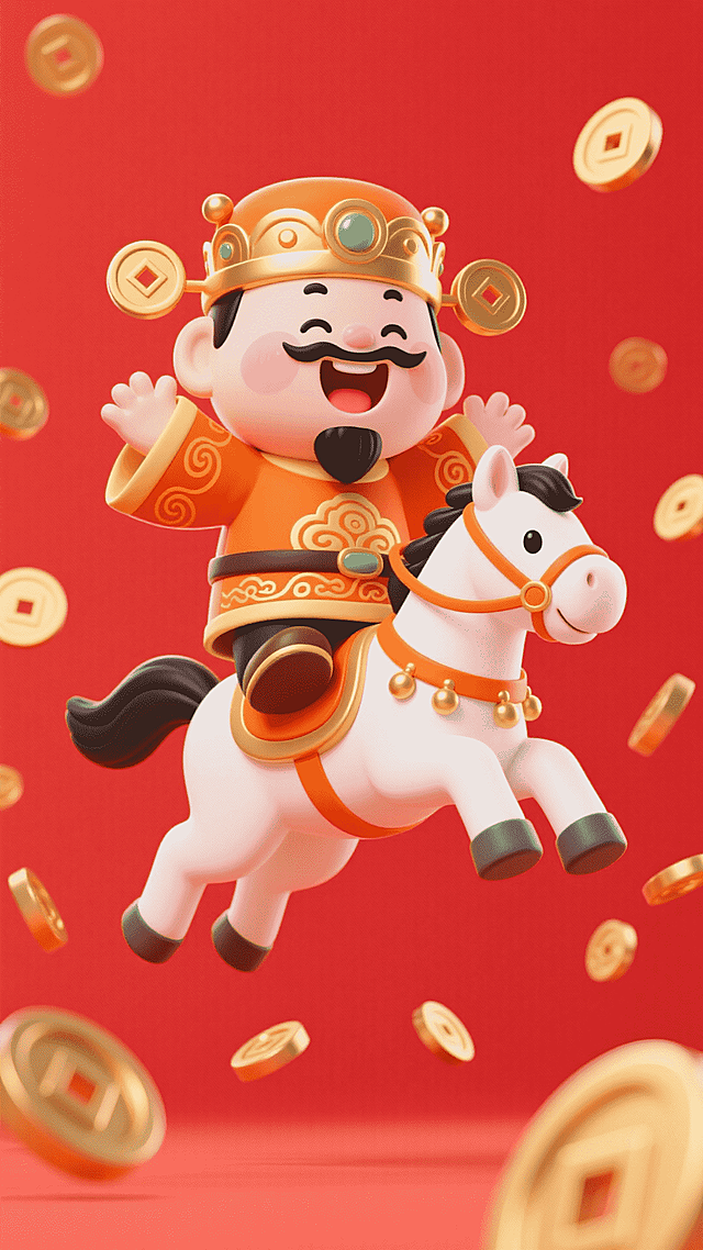 空中，整体都腾空，主体在画面偏上，干净纯红色背景，卡通 Q 版财神形象（身着橙色带金色祥云纹饰的传统服饰，头戴铜钱装饰的金色冠帽，黑胡须、粉腮红，开怀大笑、双手张开的姿态），骑乘在白色卡通小马（有黑色鬃毛，搭配橙色缰绳与鞍具，呈跃起的动态姿态）之上，周围空中散着很多动感金色铜钱。
