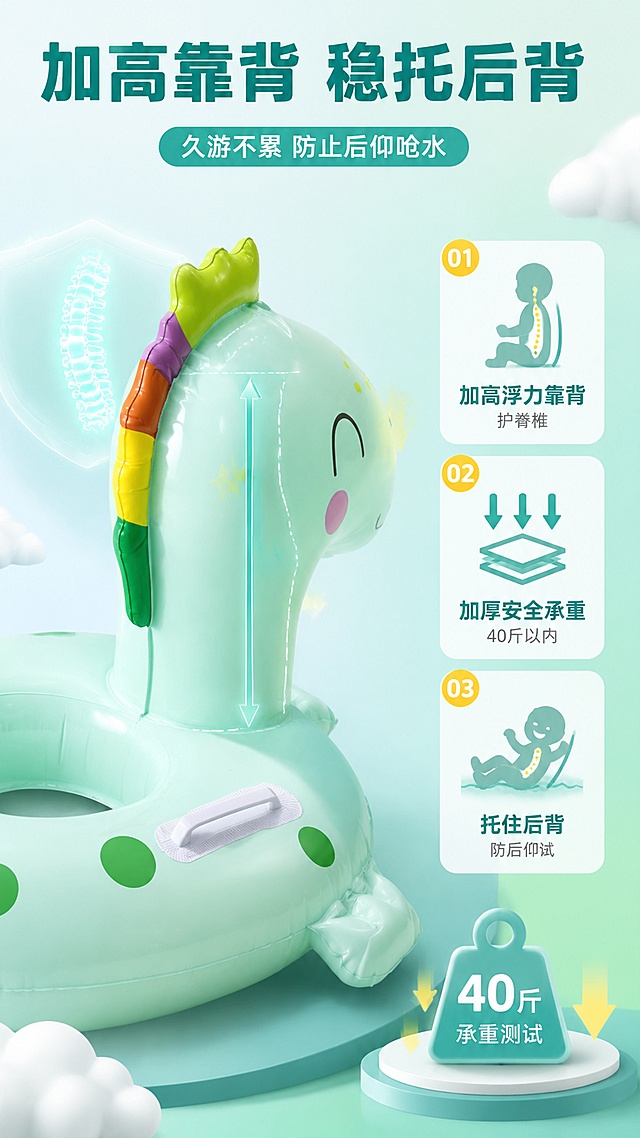 [第6屏] 靠背与承重-加高靠背护脊椎+加厚承重稳定。本屏使用【图2】作为商品主体，展示背部结构。
[氛围/风格] 安全支撑感，温馨母婴风，功能解析+舒适感结合。
[元素布局] 画面左侧为绿色恐龙游泳圈后侧视角，占比约50%，突出展示加高背部浮力靠背和整体厚度；右侧用示意图标注「加高浮力靠背」「加厚安全承重」「托住后背 防后仰」；背景为柔和的蓝绿色渐变，有脊柱保护图标、承重测试箭头、云朵装饰；产品保持浅绿色恐龙造型不变。
[光影质感] 侧后方柔光，突出靠背厚度和立体感，整体温暖明亮。
[配色色系] 全局底色 #E0F7FA 浅青渐变 #E8F5E9 浅绿；主色蓝绿 #009688；辅助色明黄、白色、浅粉。
[视角构图] 左产品右说明，阅读动线顶部标题 → 左侧产品后侧 → 右侧标注说明。
[文字版式] 顶部主标题「加高靠背 稳托后背」，粗黑体蓝绿色；副标题「久游不累 防止后仰呛水」；右侧三个卖点竖排：「加高浮力靠背 护脊椎」「加厚承重 40斤以内」「久游不累 不后仰」；每个卖点配小图标，文字清晰。
[比例分辨率] 9:16 竖版比例，4K 分辨率，文字清晰可辨，高清画质。
[负向提示词] 产品变形，靠背结构错误，文字过小，水印，颜色偏差，背景杂乱。