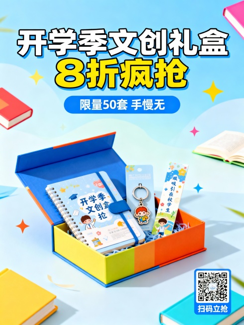 产品信息：校园定制文创礼盒（含笔记本、钥匙扣、书签），促销信息“开学季8折优惠”“限量50套”，目标受众为在校大学生。生成1张促销海报，风格青春活力，包含产品实物元素、促销文案、购买二维码占位符。预览效果