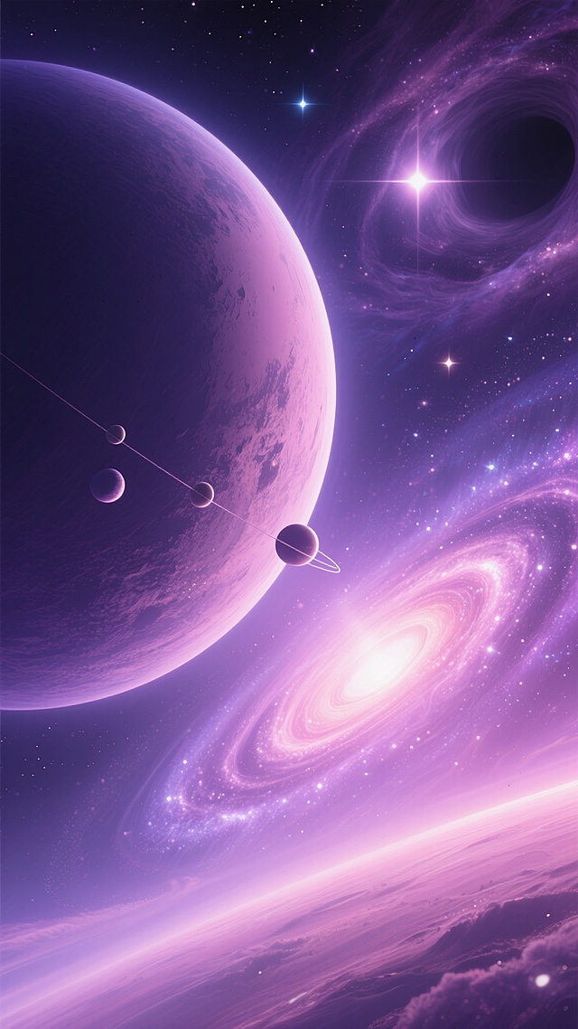 深邃宇宙太空场景，整体配色改为以神秘的紫色与优雅的粉色为主色调，巨大的行星悬浮在画面左侧，表面有明显的光影明暗对比和细腻纹理，行星周围环绕着较小的卫星，右侧是壮丽旋转的螺旋星系，星系中心散发着明亮耀眼的光芒，无数闪烁的星星点缀在深邃的宇宙背景中，远处有明亮的恒星和神秘的黑洞，星云呈现出柔和的紫色与粉色渐变，光影效果梦幻，整体画面充满浩瀚、神秘、梦幻的宇宙氛围，高质量3D渲染，细节丰富，色彩和谐统一。