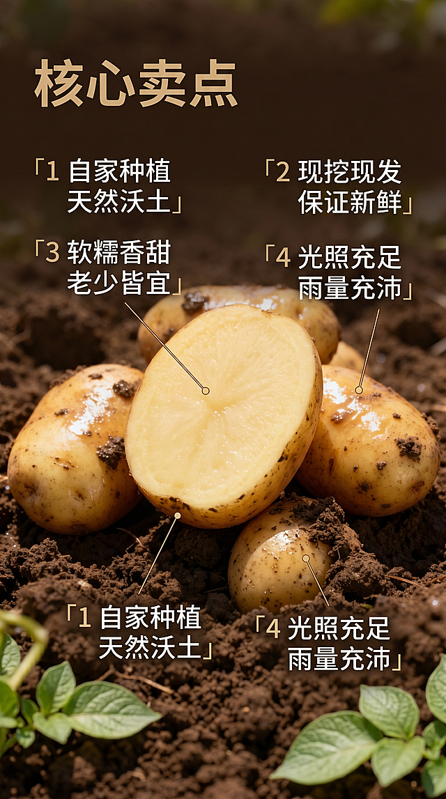 [主图 2] 农家自种土豆核心卖点展示图
[氛围风格] 自然原生态农耕风，真实田园氛围感
[画质] 商业摄影质感，光线柔和通透，产品清晰真实，画面干净高级
[元素] 切开的新鲜土豆展示出粉糯质地，放置在泥土背景上，保持土豆外观和质地与产品一致，杜绝变形色差。用极细引线标注四个核心卖点，每个卖点对应清晰定位点。前景保留少许嫩绿叶片装饰，整体画面干净通透。商品主体占比约70%，画面满屏无边框。
[光影] 上午自然光，整体明亮通透，突出土豆粉糯内里的质感，明暗过渡自然。
[配色] 延续自然绿褐配色，主色调泥土褐+田园绿，保持整套主图风格统一。
[视角构图] 平视特写，切开土豆居中为视觉中心，卖点文字有序排列在四周留白处。
[文字版式] 顶部左对齐，主标题 "核心卖点" 深褐色粗体，四个卖点用数字序号引导：「1 自家种植 天然沃土」「2 现挖现发 保证新鲜」「3 软糯香甜 老少皆宜」「4 光照充足 雨量充沛」，文字排布清晰，不遮挡主体，字色与背景对比清晰。
[比例分辨率] 9:16 比例，2k 分辨率，文字清晰可辨，超高清。
[负向提示词] 变形，水印，文字错乱，产品图模糊，背景杂乱，过度修饰