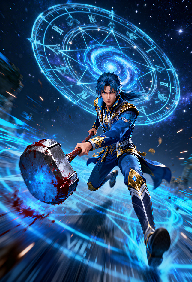 蓝发唐三，穿着蓝金相间的战斗服，手持带血的昊天锤，挥舞大锤子往画面外飞奔，站在蓝色星空漩涡魔法罗盘背景中，周围环绕蓝色特效光影，气势磅礴充满张力，法力强大，魂斗罗游戏冲击感，背景颜色调暗，人物占画面二分之一，突出人物主体，玄幻风格，高品质CG渲染