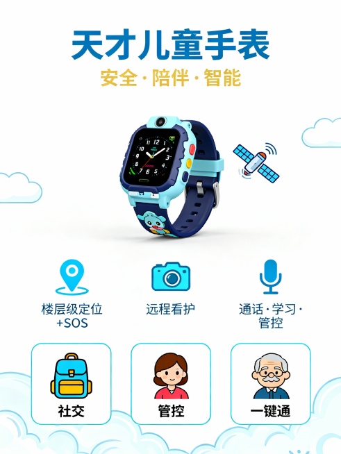 天才儿童手表竖屏海报设计提示词（文字精简版）

一、海报整体定位

竖版商业产品宣传海报，主打安全、智能、多场景适配的天才儿童手表，覆盖小学生、低龄儿童家长、轻度失能老人三大群体，风格童趣与科技感结合预览效果