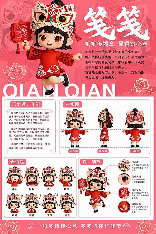 参考提供的IP形象介绍模板，生成一张名为笺笺的新IP形象展示图，A3竖版排版，包含IP名称、形象设计介绍、三视图、表情包，整体风格参考原图的国潮红色喜庆风格