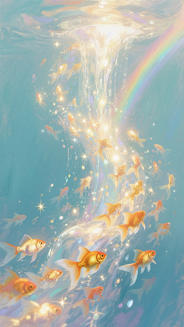 达利抽象画风，一个浅色彩虹里，涌出成千上万只发光的金鱼，形成一道金鱼瀑布。魔法现实主义，奇幻风，体积光，高对比度，锐利对焦，纯色背景